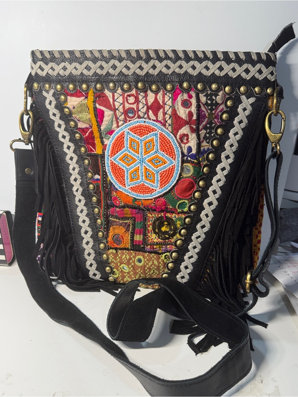 Vintage addiction Bohemian Embroidered Fringe Crossbody Black Multicolor bag
